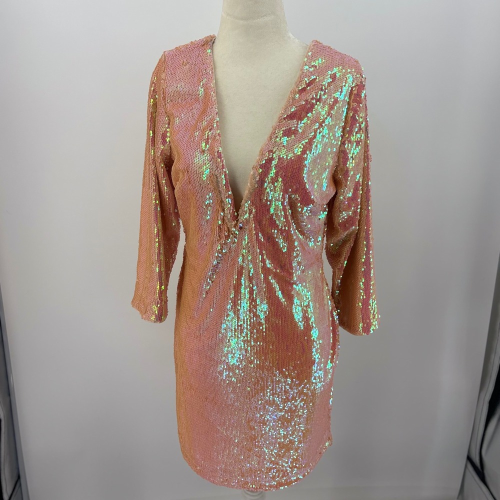 Coral gold sequin dress 3/4 sleeve Bodycon deep v party event homecoming medium